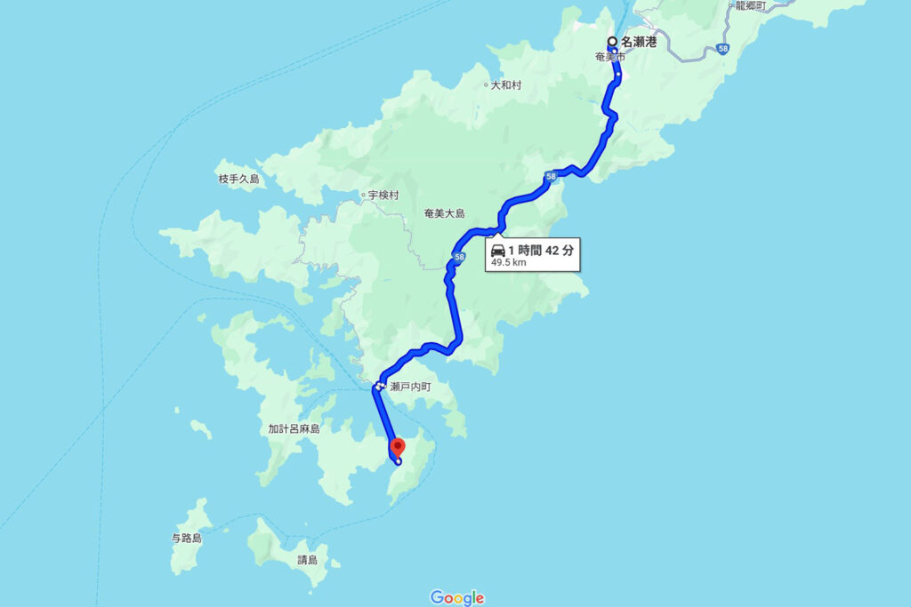 名瀬港～加計呂麻島までの地図