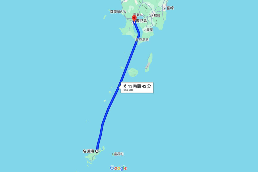 奄美大島から鹿児島湾までの地図